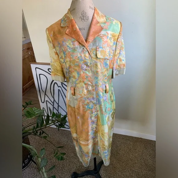 Vtg Louis Feraud 100% Silk Midi Dress Abstract Wearable Artsy sz 10 Belted Boho - Picture 3 of 16